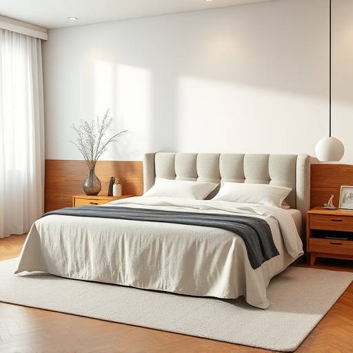 Cama box de casal com cabeceira estofada em linho e detalhes em madeira
